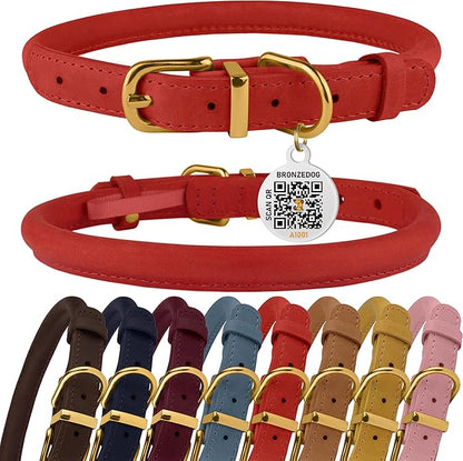 BRONZEDOG Rolled Leather Dog Collar with QR ID Tag Adjustable Soft Round Collars for Small Medium Large Dogs Puppy Cat (16" - 19" Neck Size, Classic Red)