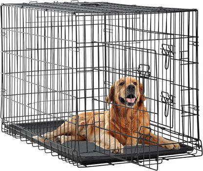 FDW 48 Inch Dog Crate Dog Kennel Cage with Double Door Folding Metal Wire Dog Cage with Removable Tray&Divider Panel for Large Dogs,Black