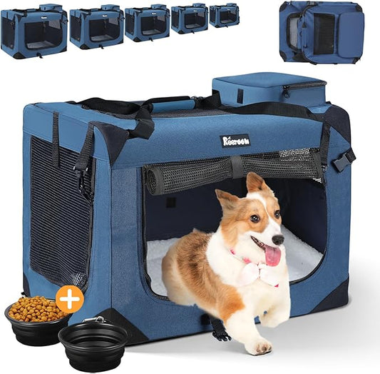 Extra Large Dog Crate with 2 Foldable Bowl, 32 Inch Collapsible Travel Dog Crate Kennel with Soft Blanket for Medium Dogs,Indoor & Outdoor (32" L x 23" W x 23" H, Navy)