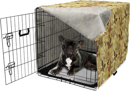 Lunarable Yellow and Brown Dog Crate Cover, Butterflies with Lace Style Ornament Spring Season Beauty Nature Print, Easy to Use Pet Kennel Cover for Cats & Medium Dogs, 24 Inch, Chestnut Brown