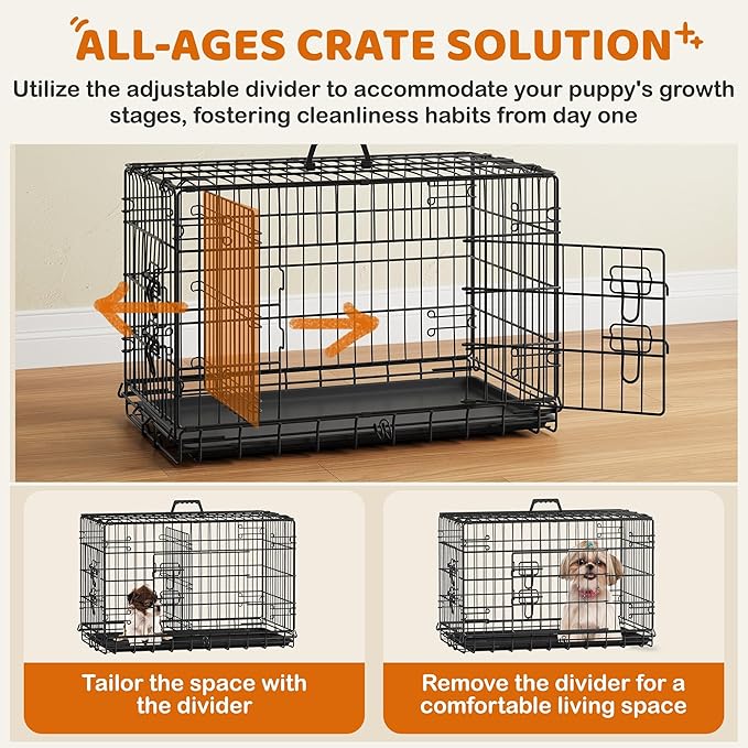 Yaheetech 30 inch Double Door Dog Crate w/Divider for Puppy, Collapsible Metal Dog Kennel with Removable Tray, Portable Travel Cage, Black