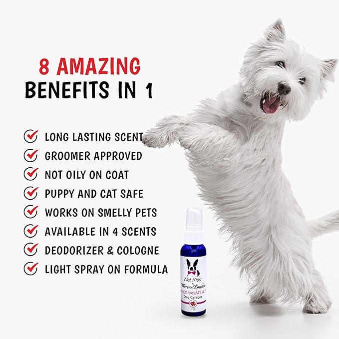 Warren London - Wet Kiss Dog Cologne, Long Lasting Dog Spray, Dog Deodorant to Remove Odor from Stinky Dogs, Pomegranate & Fig, 2 Ounce Bottle