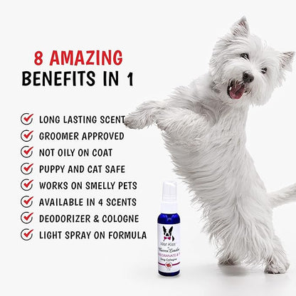 Warren London - Wet Kiss Dog Cologne, Long Lasting Dog Spray, Dog Deodorant to Remove Odor from Stinky Dogs, Pomegranate & Fig, 2 Ounce Bottle