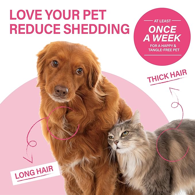 Pet Grooming Brush - Professional Undercoat Rake for Long-Haired Dogs & Cats, Extra Wide Double-Sided Stainless Steel Teeth for Removing Knots, Mats, and Tangles, Reduce Shedding by 95%, Pink