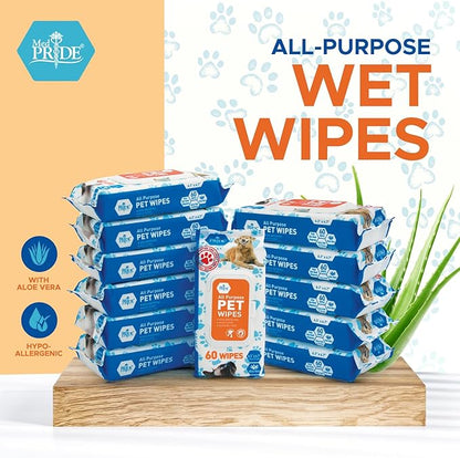 MED PRIDE Pet Wipes [12 Packs of 60] for Cats Unscented Hypoallergenic Cat Cleansing Wet Wipes with Aloe Vera Alcohol and Paraben-Free Extra Soft Cleaning Wipes for Fur Paws Face