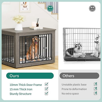 YITAHOME Dog Crate Furniture for Large Dogs, Side End Table, Modern Dogs Kennel Indoor up to 80 lb, 2-in-1 Iron-Wood Fusion Dog Cage with Waterproof Top, Safety Corners, Steel Lock,43" L,Greige