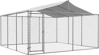 Large Outdoor Dog Kennel, Heavy Duty Galvanized Steel Dog Enclosure, Chicken Coop w/ Waterproof UV-Resistant Cover, Lockable Door Chain Link for Small & Large Pets, Backyard-157.2"L x 157.2"W x 91.2"H