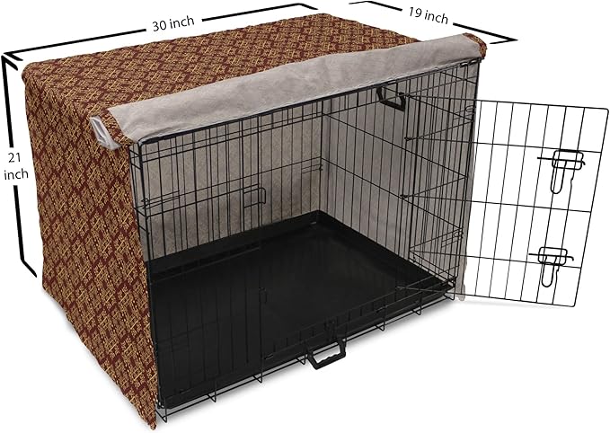 Lunarable Burgundy Dog Crate Cover, Royal Victorian Pattern with Antique Design Elements Baroque Swirls Squares, Easy to Use Pet Kennel Cover for Cats & Medium Dogs, 30 Inch, Burgundy Mustard