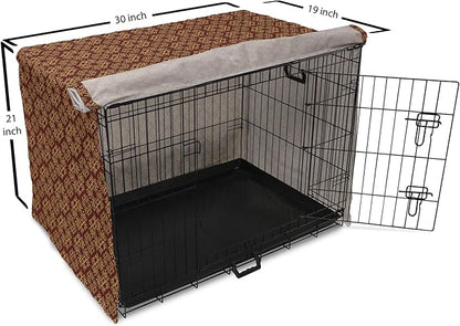 Lunarable Burgundy Dog Crate Cover, Royal Victorian Pattern with Antique Design Elements Baroque Swirls Squares, Easy to Use Pet Kennel Cover for Cats & Medium Dogs, 30 Inch, Burgundy Mustard