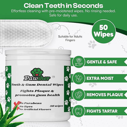 Dogs Dental Wipes | Fights Plaque, Freshens Breath & Promotes Gum Health | No Rinse Dog Teeth Cleaning | Gentle & Naturally Safe Dental Care | Complete Your Dog Tooth Brushing Kit | 50 Count