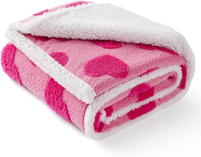 Lesure Waterproof Puppy Blanket for Small Dogs - Washable Double Sided Dog Blankets with Warm Jacquard Shag and Soft Sherpa Fleece, Pet Cat Blanket for Couch Protection, Love Pattern Design，Pink