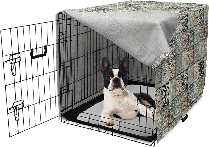 Lunarable Geometric Dog Crate Cover, Antique Mosaic with Victorian Garden Motifs Damask and Scroll Flower, Easy to Use Pet Kennel Cover for Small Dogs Puppies Kittens, 22 Inch, Seafoam Brown Dark Blue