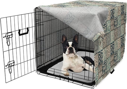 Lunarable Geometric Dog Crate Cover, Antique Mosaic with Victorian Garden Motifs Damask and Scroll Flower, Easy to Use Pet Kennel Cover for Small Dogs Puppies Kittens, 22 Inch, Seafoam Brown Dark Blue