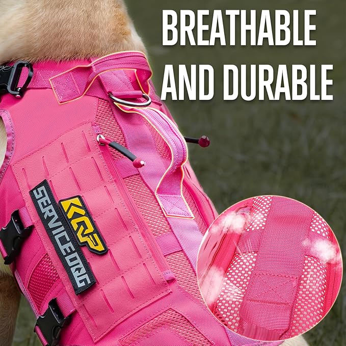 No Pull Dog Harness -Tactical Dog Harness - Breathable mesh, Pet Walking Hiking Training Vest- Dog Harness for Dogs, Service Dog, Large, Pink