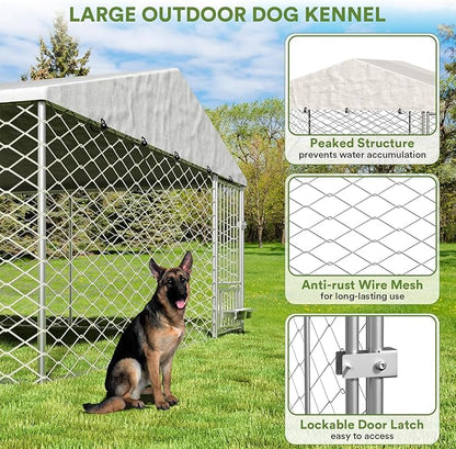 10x10 ft Dog Kennel Outdoor - Outside Dog Kennel with Roof, Heavy Duty Large Outdoor Dog Kennel, Covered Dog Outdoor Kennel with Rotating Feeder Bowls