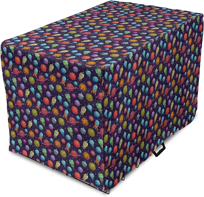 Lunarable Outer Space Dog Crate Cover, Cartoon Planets and Space Ships with Space Background Fun Science, Easy to Use Pet Kennel Cover for Medium Large Dogs, 42 Inch, Dark Blue
