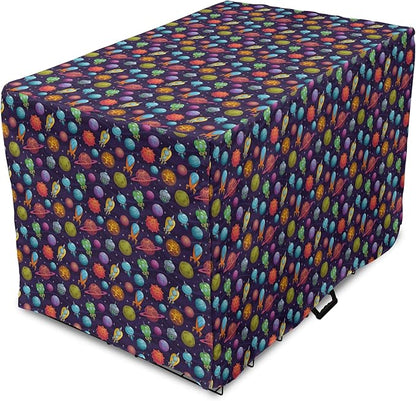 Lunarable Outer Space Dog Crate Cover, Cartoon Planets and Space Ships with Space Background Fun Science, Easy to Use Pet Kennel Cover for Medium Large Dogs, 42 Inch, Dark Blue
