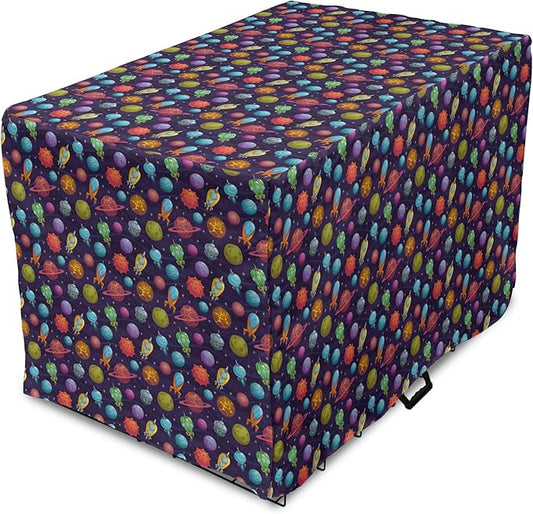 Lunarable Outer Space Dog Crate Cover, Cartoon Planets and Space Ships with Space Background Fun Science, Easy to Use Pet Kennel Cover for Medium Large Dogs, 42 Inch, Dark Blue