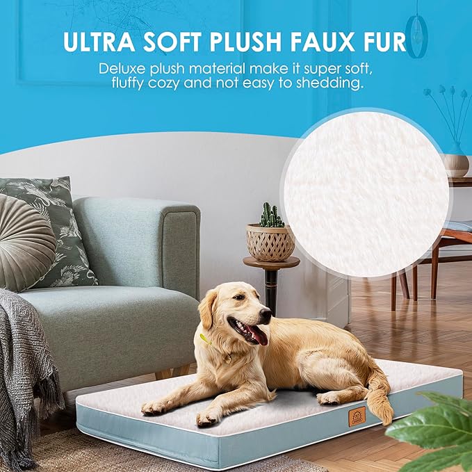 Orthopedic Dog Bed for Large Dogs, Waterproof Deluxe Plush Dog Crate Bed with Removable Washable Cover & Anti-Slip Bottom, Egg Crate Foam Pet Bed Mat, 36 x 27 Inches, Blue