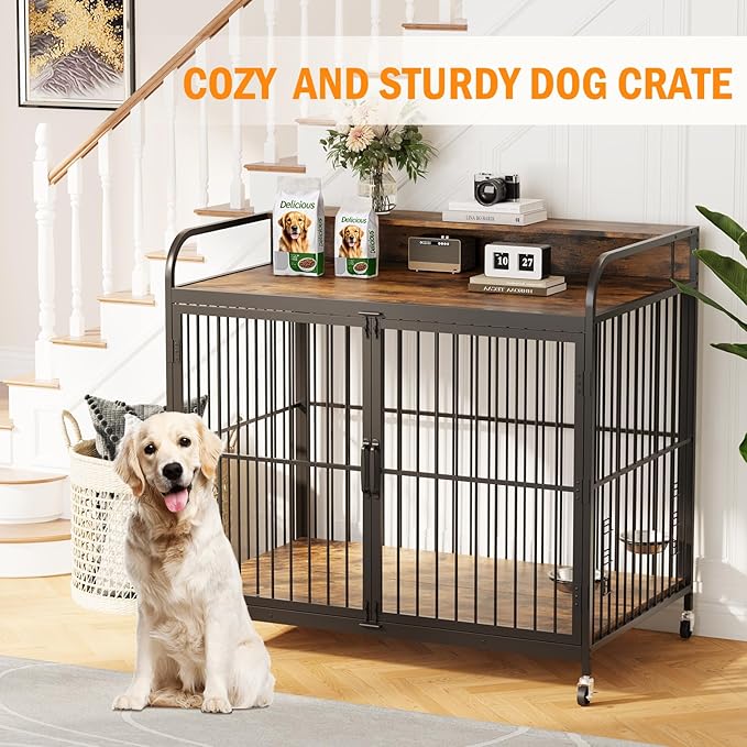 48 Inch Dog Crate Furniture, Dog Crate with Adjustable Height Feeder, Designed for Small Dogs, Featuring 360-Degree Swivel Wheels for Easy Movement, Rustic Brown Finish