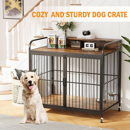 48 Inch Dog Crate Furniture, Dog Crate with Adjustable Height Feeder, Designed for Small Dogs, Featuring 360-Degree Swivel Wheels for Easy Movement, Rustic Brown Finish
