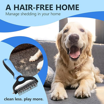 Pet Grooming Comb - Double-Sided Deshedding Tool, Undercoat Rake for Dogs, Dematting Comb for Cats, Extra Wide Brush for Long Haired Dogs & Cats (BLUE)