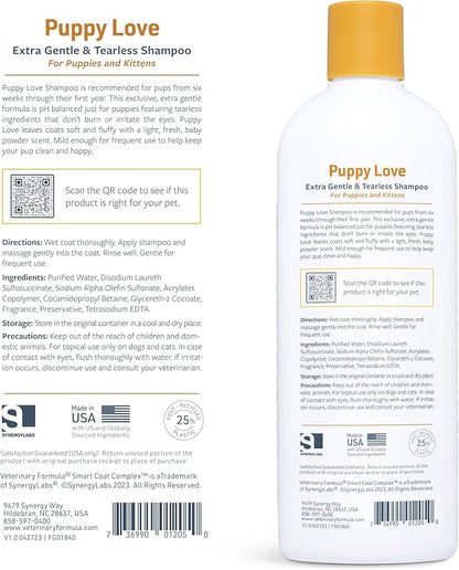 Veterinary Formula Smart Coat Complex Puppy Love Extra Gentle Tearless Shampoo, 17 Fl oz – for Pups Over 6 Weeks – with Fresh Scent, Long-Lasting Clean – Won't Dry Out Delicate Skin