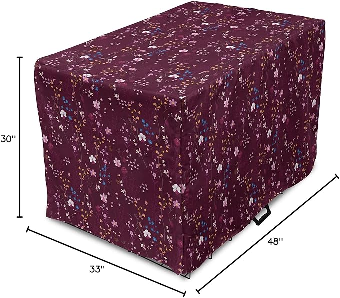 Lunarable Maroon Dog Crate Cover, Pattern of Wildflowers Scene Botanical Spring Time Elements Colorful Blooms, Easy to Use Pet Kennel Cover for Medium Large Dogs, 48 Inch, Maroon Multicolor