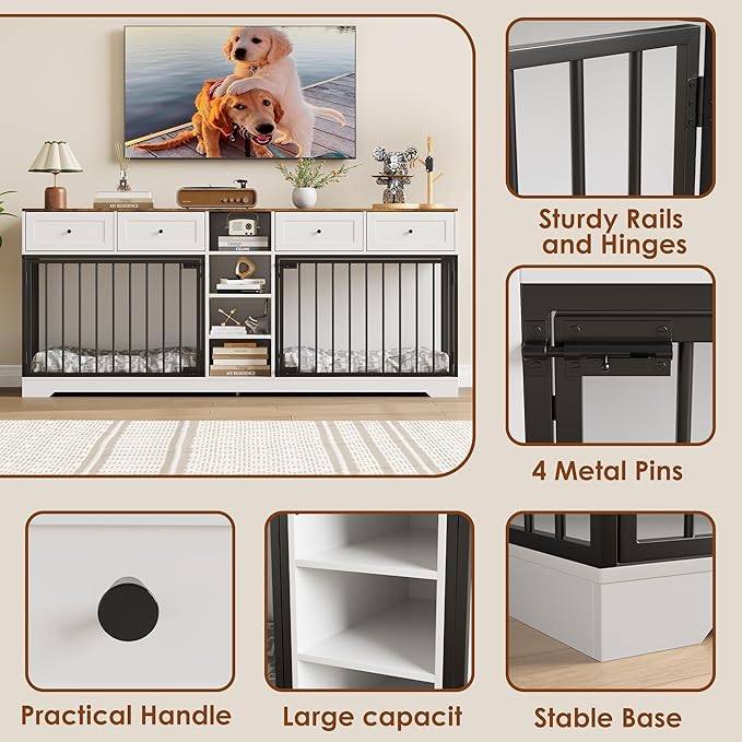82” Double Dog Crate Furniture, Large Dog Kennel Indoor for 2 Dogs, Heavy Duty Wooden Dog Crate TV Stand with 4 Drawers and Shelves, White