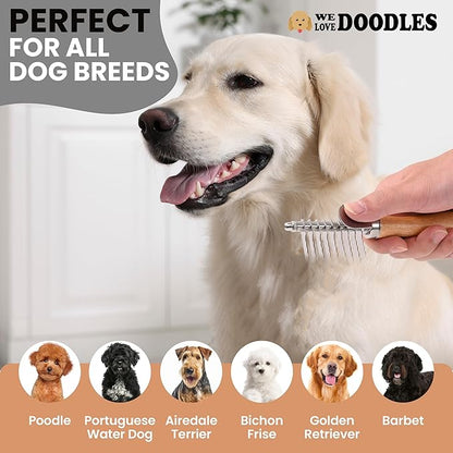 Pet Dematting Comb for Dogs and Cats with Wood Handle, Deshedding Undercoat Rake for Dogs with Stainless Steel Blades, Dog Comb for Detangling Thinning and Shedding [We Love Doodles] (Dematting Rake)