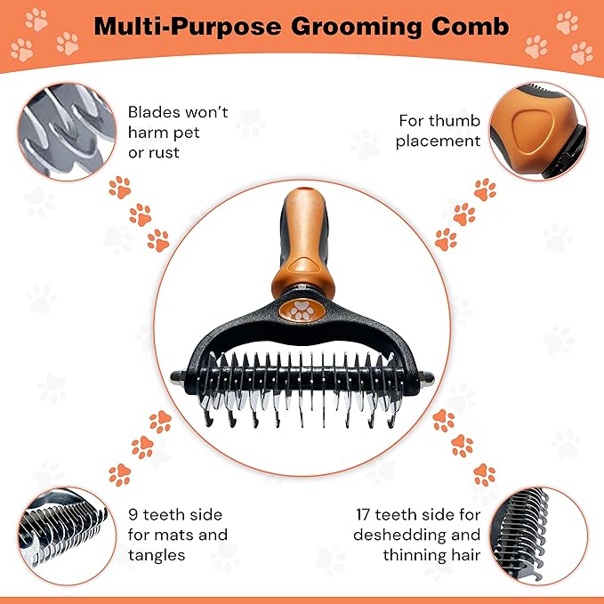 Pret & Lively 2 in 1 Pet Hair Dematting Tool Tough Mats and Tangles Undercoat Rake Comb Dogs Cats Rabbits Hairy Pets Holiday Gift Professional Grooming Brush For Deshedding Extra Wide (Orange)