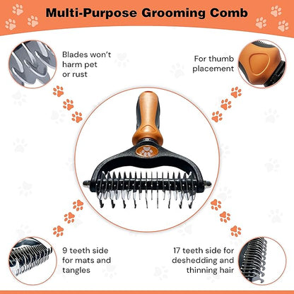 Pret & Lively 2 in 1 Pet Hair Dematting Tool Tough Mats and Tangles Undercoat Rake Comb Dogs Cats Rabbits Hairy Pets Holiday Gift Professional Grooming Brush For Deshedding Extra Wide (Orange)