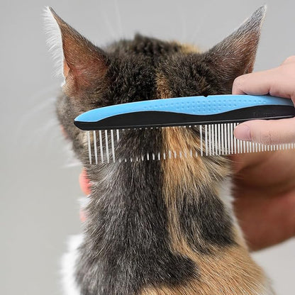 Pet Comb for Dogs and Cats - 2-in-1 Design with Wide & Narrow Teeth, Stainless Steel Round Ends for Safe Detangling, Non-Slip Handle, Removes Knots, Mats, Tangles, and Loose Fur