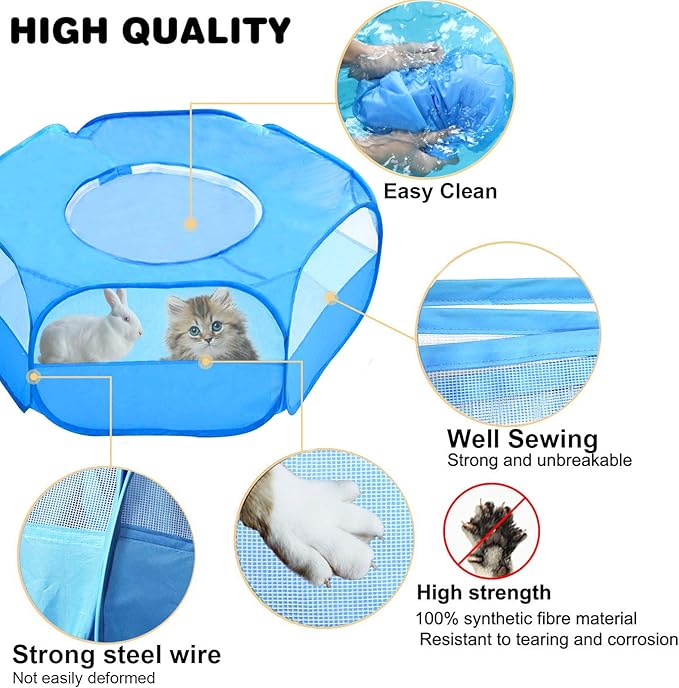 Small Animals Playpen, Breathable & Waterproof Pet Playpen Cage Tent with Zippered Cover Outdoor/Indoor Portable Fence Tent for Puppy/Kitten/Rabbits/Hamster/Chinchillas/Guinea Pig (Blue)