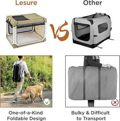 Lesure Soft Collapsible Dog Crate - 36 Inch Portable Travel Crate for Large Dogs Indoor & Outdoor, 4-Door Foldable Pet Kennel with Durable Mesh Windows, Beige