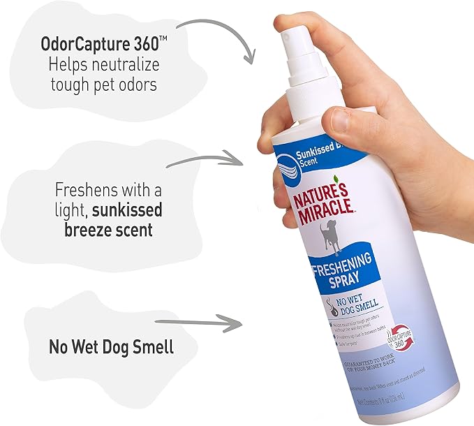 Nature's Miracle Freshening Spray For Dogs Freshens Dog’s Coat Between Baths And Neutralizes Tough Odors With Sunkissed Breeze Scent, 8 Ounces (Pack of 2)