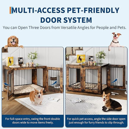 42.1" Dog Crate Furniture, Lockable Double Door Wooden Pet Crate for Indoor Use, Stylish Pet Crate End Table for Small/Large/Medium Dogs, Decorative Pet House, Functional Chic Puppy Crate Furniture