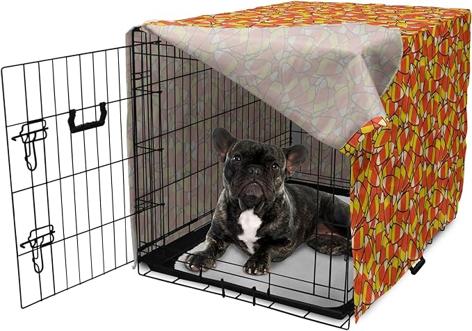 Lunarable Candy Corn Dog Crate Cover, Continuous Illustration of Cartoon Style Traditional Halloween Items, Easy to Use Pet Kennel Cover for Cats & Medium Dogs, 24 Inch, Vermilion Mustard