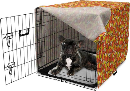 Lunarable Candy Corn Dog Crate Cover, Continuous Illustration of Cartoon Style Traditional Halloween Items, Easy to Use Pet Kennel Cover for Cats & Medium Dogs, 24 Inch, Vermilion Mustard