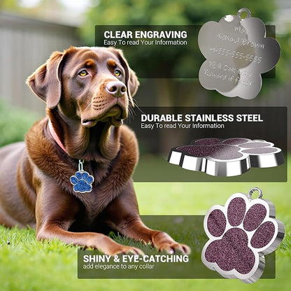 Dog Tags Personalized for Pets Glitter Paw Print Stainless Steel Dog Tag Cute Dog Name Tag Bulk Dog Tags for Wholesale (12 Pieces)