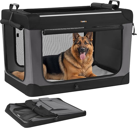 Feandrea Collapsible Dog Crate, 42-Inch Portable Dog Travel Crate for Extra Large Dogs, Oxford Fabric Pet Carrier with 4 Mesh Doors, Handles, Storage Pocket, Water Bottle Holder, Ink Black UPDC021B01