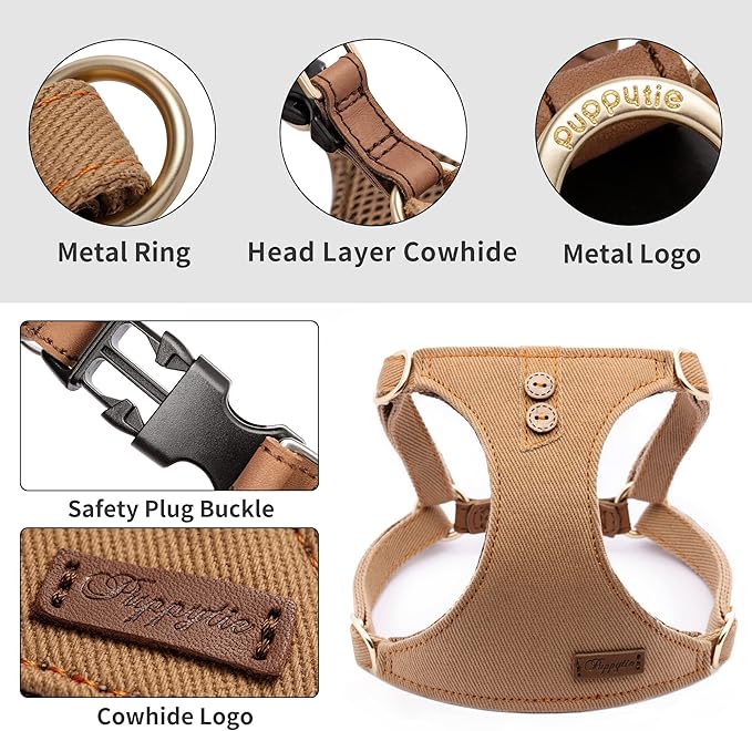 Puppytie Dog Harness with Multi-Functional Leash, No-Pull No-Choke Escape-Proof Dog Vest, Soft Breathable Step-in Pet Harness, Lightweight Comfortable for Medium Dogs, Denim Khaki Button-M （17-35lb）