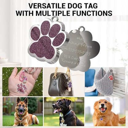 Dog Tags Personalized for Pets Glitter Paw Print Stainless Steel Dog Tag Cute Dog Name Tag Bulk Dog Tags for Wholesale (12 Pieces)