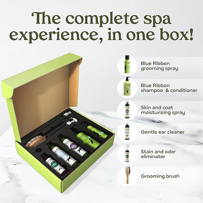 Pawfume Dog Gift Basket, 6-Piece Box – Give Your Pup a Spa-Quality Coat & Odor-Free Freshness – Probiotic Deodorizer Spray, Hypoallergenic Grooming Mist & Premium Brush – Dog Gift Boxes for All Breeds