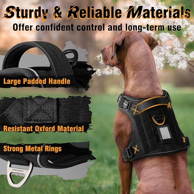 rabbitgoo Dog Harness for Large Dogs No Pull, Tactical Service Dog Vest with Molle and Control Handle, Adjustable and Reflective Military Pet Harness for Easy Walking and Training, Black, L