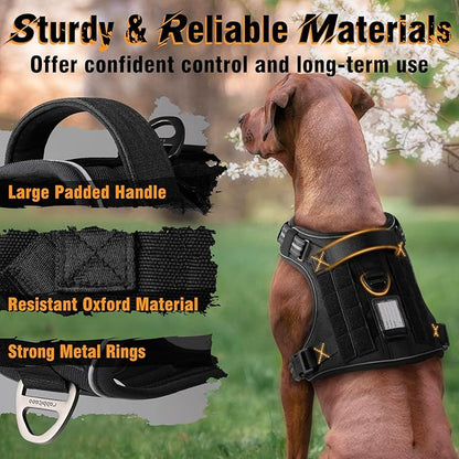 rabbitgoo Dog Harness for Large Dogs No Pull, Tactical Service Dog Vest with Molle and Control Handle, Adjustable and Reflective Military Pet Harness for Easy Walking and Training, Black, L