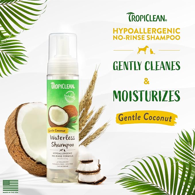 TropiClean Hypoallergenic Waterless Dog Shampoo | Dry Shampoo for Allergies & Sensitive Skin | Safe for Cats | Puppies & Kittens | No Rinse | 7.4oz
