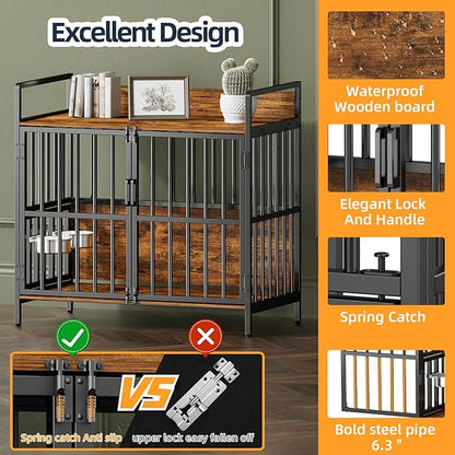 Large Dog Crate Furniture, with 360° Adjustable Elevated Feeder, Heavy Dog Furniture, Indoor Decorative Dog Kennel, Sturdy Metal Construction, 38" W×21" D×36" H, Rustic Brown Finish