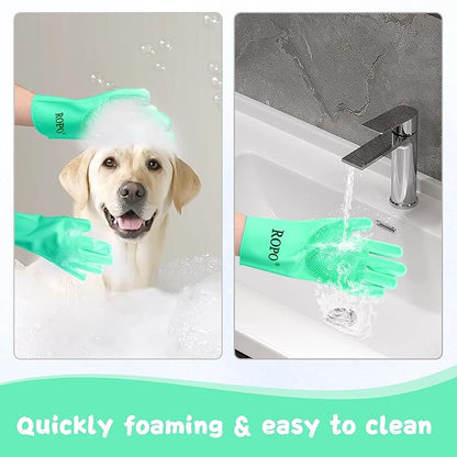 ROPO silicone gloves for pet grooming, multi-functional gloves for pet hair shedding, bathing, and massage (Green)