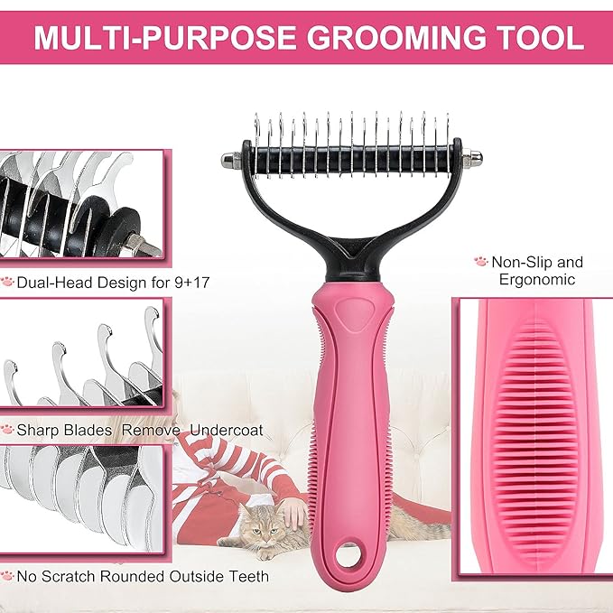 Undercoat Rake for Dogs, 2 Side Undercoat Brush for Deshedding and Dematting for Dog Cat Rabbit, Professional Pet Grooming HairTools, Removes Loose Undercoat and Nasty Shedding, Pink